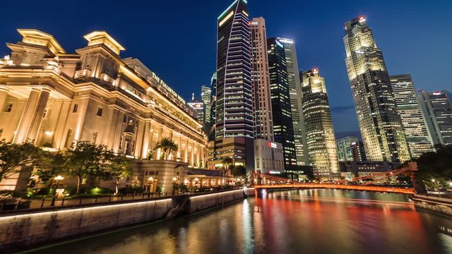 Day to night sunset Singapore Riverside Downtown Hotel Panorama Timelapse. ProRes 422 in 4k