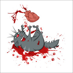 Gray cat playing with a lively heart. Bloody spray. Vector illustration