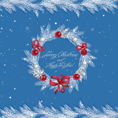 Christmas wreath with decorations: balls, ribbons and stars. Christmas pine twigs and spruce branches. Christmas border. Greeting card. Vector, EPS 10.