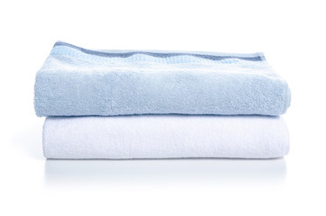 Stack towels white blue on white background isolation