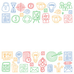 Vector set of bussines icons in doodle style. colorful pictures on a piece of paper on white background.