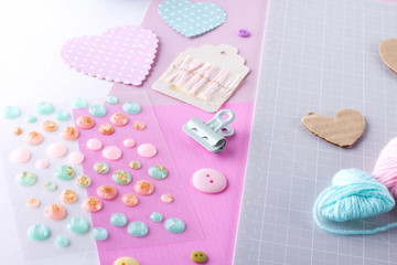 Making diy project. Knitting decoration. Craft tools and supplies. Season home valentines day decor.