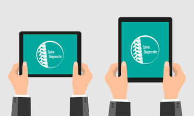 Hands holding tablet with spine logo. Medical diagnostics center logo, vector illustration