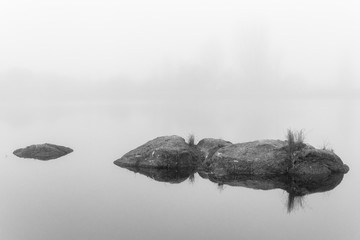 Landscape with fog in the natural park of the Barruecos. Extremadura Spain.