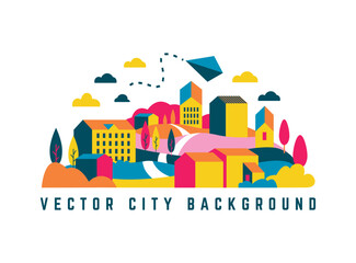 City landscape with buildings, hills and trees. Vector illustration in minimal geometric flat style. 