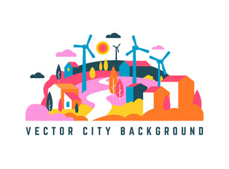 Vector simple geometric city landscape with buildings, hills and trees - logo 