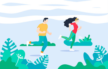 Exercise people in the park for a healthy life vector illustration, flat design. Couple together doing sports minimalist abstract style. 