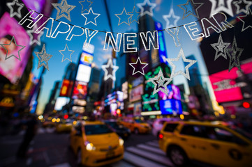 Happy New Year banner hanging with sparkling stars above the bright neon lights of Times Square,...