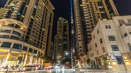 Fototapeta premium Dubai downtown and Burj Khalifa timelapse hyperlapse in Dubai, UAE