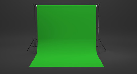 Photo video studio empty blank green screen paper background on tripods stands 3d illustration © 3dmart