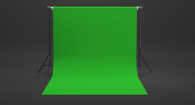 Photo video studio empty blank green screen paper background on tripods stands 3d illustration