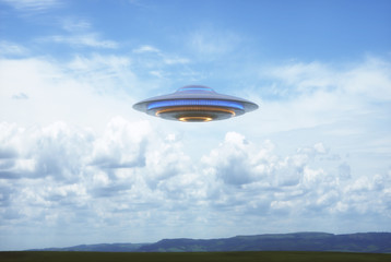 Naklejka na ściany i meble Unidentified flying object UFO in cloudy blue sky. 3D illustration in real picture.