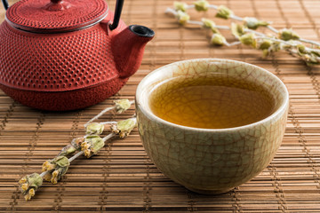 Cup of tea and chinese traditional style red teapot with dry tea on natural matting