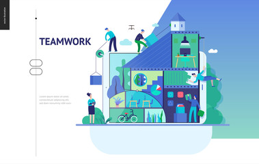 Business series, color 3 -company, teamwork, collaboration -modern flat vector illustration concept of people constructing a company Business workflow management. Creative landing page design template