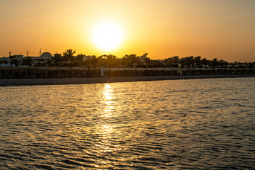 Naklejka premium Sunset over the red sea palm tree silhuettes hotel in Makadi Bay Egypt