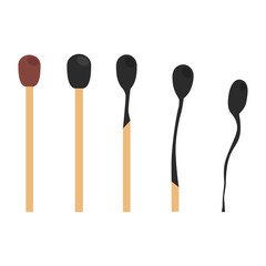 Set of burned matches at various stages. Stages of gradual combustion of a match. Vector illustration in a flat style isolated on white background, cartoon design.