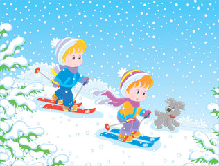 Obraz na płótnie Canvas Small children skiing down a snow hill in a snow-covered winter park, vector illustration in a cartoon style