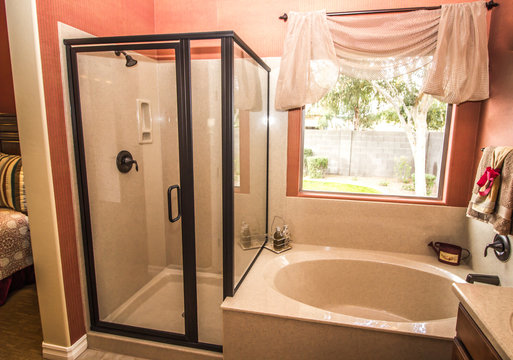 Coral Bathroom With Shower And Tub