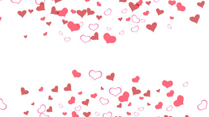 Part of the design of wallpaper, textiles, packaging, printing, holiday invitation for Valentine's Day. Spring background. Red on White background Vector. Red hearts of confetti are falling.