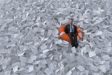 businessman are floating on the sea of paper - obrazy, fototapety, plakaty