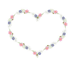 delicate wreath in the shape of a heart of flowers in the doodle-style.