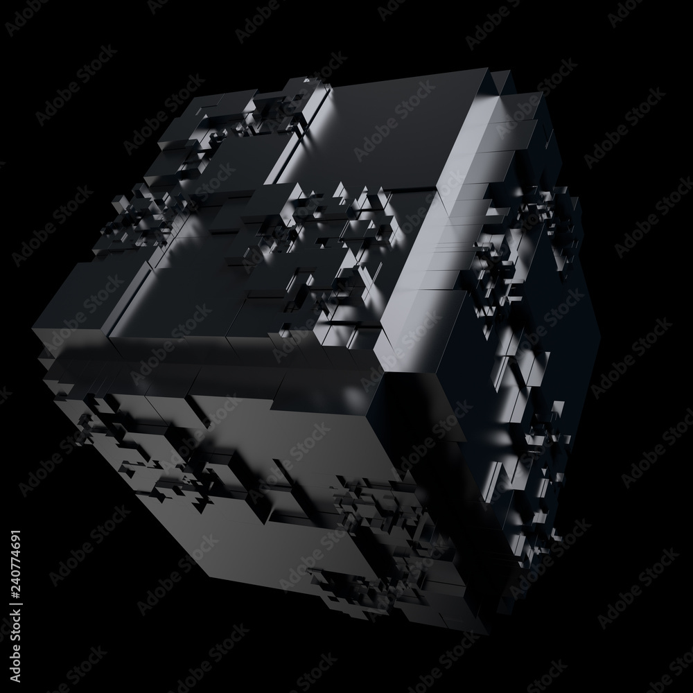 Poster 3d render complex abstract background. technology concept. detailed cube for technology, artificial 