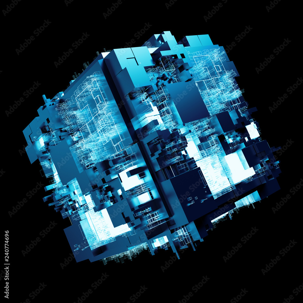 Poster 3d render complex abstract background. technology concept. detailed cube for technology, artificial 