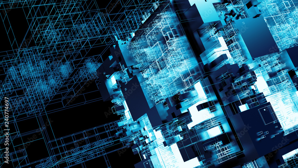 Poster 3d render complex abstract background. technology concept. detailed cube for technology, artificial 