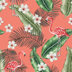 Pink flamingo, banana palm leaves, plumeria flowers, coral background. Vector floral seamless pattern. Tropical illustration. Exotic plants and birds. Summer beach design. Paradise nature