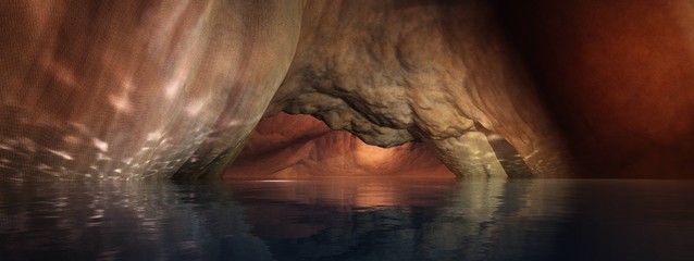Cave with a reservoir, underground lake, panorama of the dungeon
