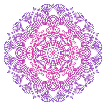 Mandala. Ethnic round ornament. Hand drawn indian motif. Mehendi meditation yoga henna theme. Unique purple floral print.