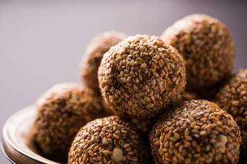 Tilgul Laddu or Til Gul balls for makar sankranti, it's a healthy food made using sesame, crushed...