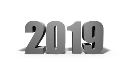 Two thousand and nineteen. New 2019 year in silver tones isolated on white background.