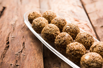Tilgul Laddu or Til Gul balls for makar sankranti, it's a healthy food made using sesame, crushed...