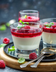 Vanilla Panna cotta with berry sauce and raspberry.