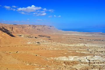 Fototapeta na wymiar View of the Dead Sea and Judaean Desert from Masada fortress, Israel