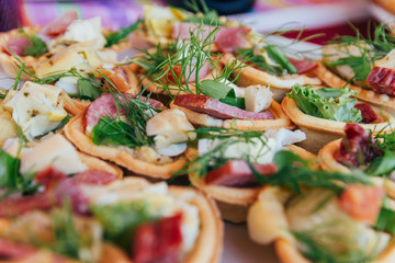 Fototapeta na wymiar Tartlets with salmon , cream and a slice of lemon on a white wooden table.