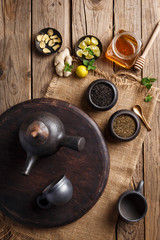 Herbal Tea Ingredients - Tea Leaves, Honey, Ginger, Lemon and Mint Leaves