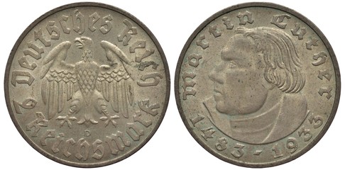 Germany German silver coin 5 five reichsmark 1933, subject 450th Anniversary Birth of Martin Luther, eagle above value, head left, dates below, 