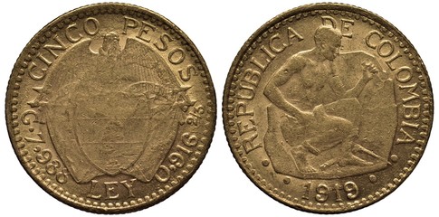 Colombia Colombian golden coin 5 five pesos 1919, arms, condor sitting on shield with designs in front of crossed flags, stone carver working, 