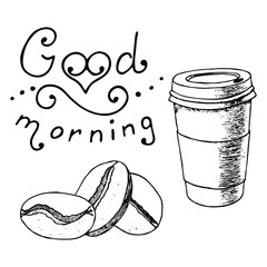 Set of coffee design elements. Contour hand drawn sketch. Vector illustration isolated on white background.