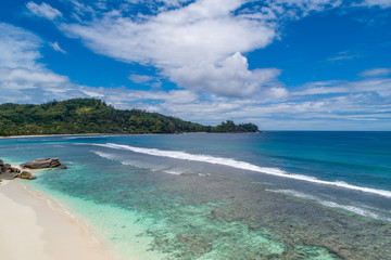 Fototapeta na wymiar Tropical beach with sea and palm taken from drone. Beach and sea photo. Romantic beach aerial view.