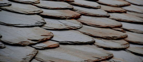 Details of shale roof on a house built from schist in Piodão,  one of Portugal's schist villages in the Aldeias do Xisto.