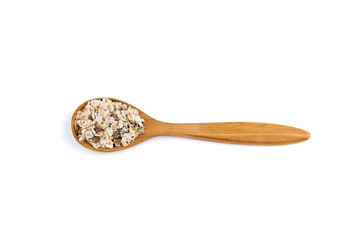 top view oatmeal in a wooden spoon isolated on white