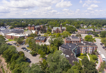 Fototapeta na wymiar Lutheran Church, Sacred Heart Parish and First Baptist Church aerial view in Newton Centre, Massachusetts, USA.