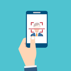  Facial recognition technology, Face ID concept, smart phone focus in a users face. EPS10 vector illustration in a flat style.