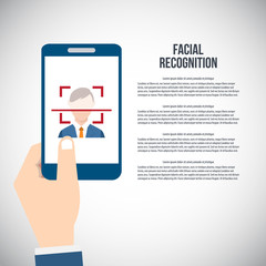  Facial recognition technology, Face ID concept, smart phone focus in a users face. EPS10 vector illustration in a flat style.