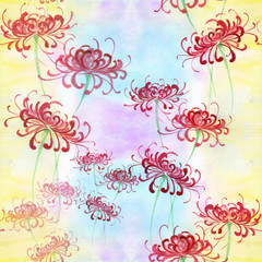 Fototapeta na wymiar Flowers on the background of watercolor. Seamless background. Collage of flowers and leaves. Chinese brush drawing on rice paper. Use printed materials, signs, objects, websites, maps.