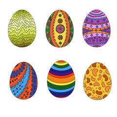 Painted raw Paschal Easter eggs colored and decorated. Vector illustration colorful isolated on white background