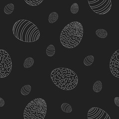 Paschal Easter eggs raw decorated. Vector illustration black and white isolated seamless pattern on black background in a doodle style